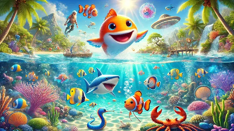 Adegan target ikan dan kendali meriam dalam permainan arcade bawah laut